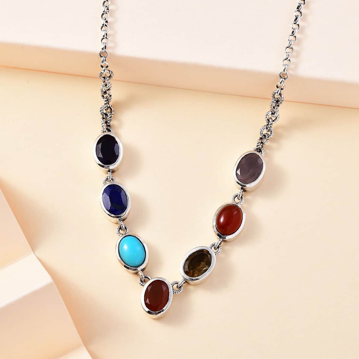 Indian Artistry Multi Gemstone 9.00 ctw Seven Chakra Necklace in Sterling Silver 18-20 Inches image number 1