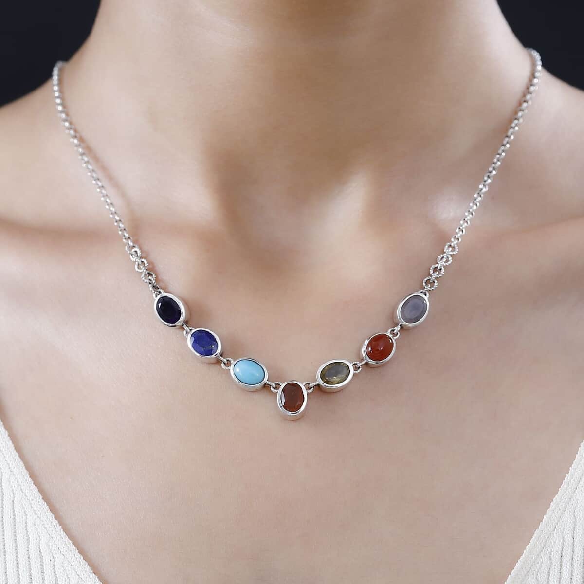 Indian Artistry Multi Gemstone 9.00 ctw Seven Chakra Necklace in Sterling Silver 18-20 Inches image number 2