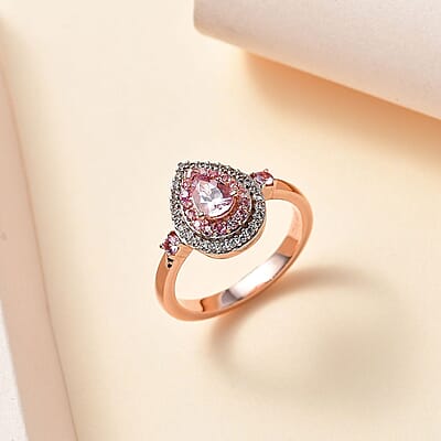 Narsipatnam Pink Spinel and Multi Gemstone Double Halo Ring in 18K Vermeil Rose Gold Over Sterling Silver (Size 10.0) 1.00 ctw