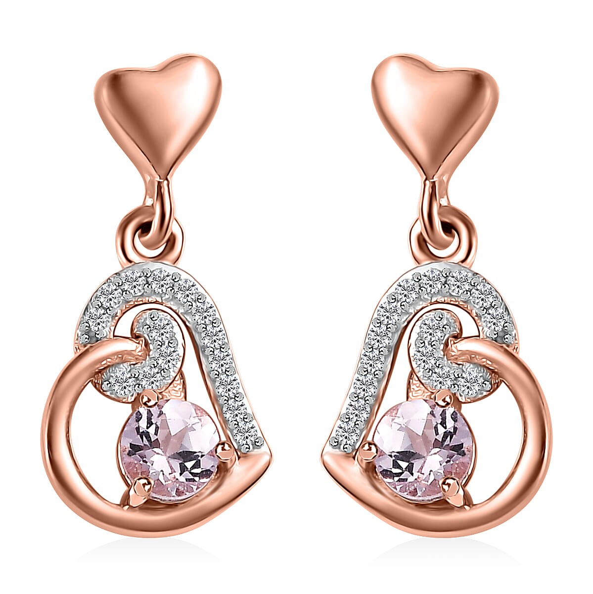 Narsipatnam Pink Spinel and White Zircon Heart Earrings in 18K Vermeil Rose Gold Over Sterling Silver 0.75 ctw image number 0