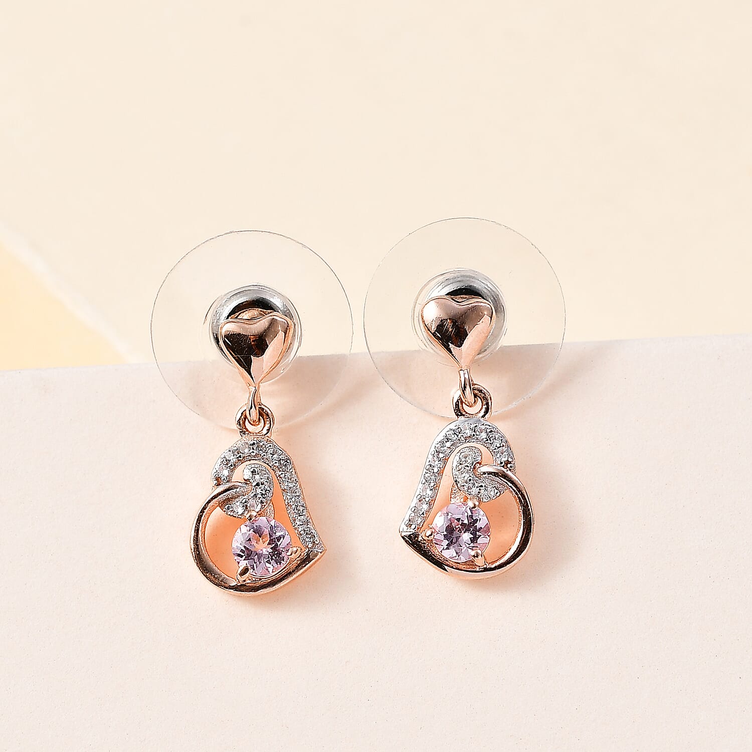 Narsipatnam Pink Spinel and White Zircon Heart Earrings in 18K Vermeil Rose Gold Over Sterling Silver 0.75 ctw