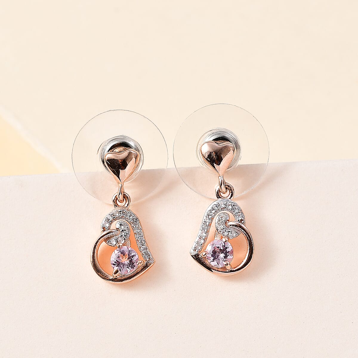 Narsipatnam Pink Spinel and White Zircon Heart Earrings in 18K Vermeil Rose Gold Over Sterling Silver 0.75 ctw image number 1