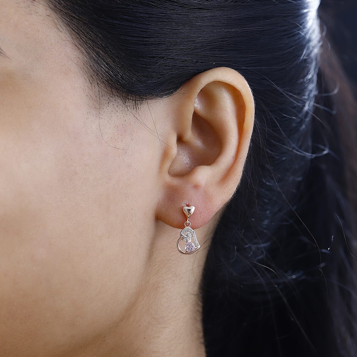 Narsipatnam Pink Spinel and White Zircon Heart Earrings in 18K Vermeil Rose Gold Over Sterling Silver 0.75 ctw image number 2