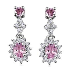 Narsipatnam Pink Spinel and White Zircon Dangling Earrings in Rhodium Over Sterling Silver 0.85 ctw