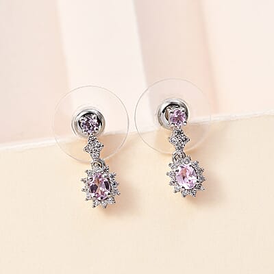 Narsipatnam Pink Spinel and White Zircon Dangling Earrings in Rhodium Over Sterling Silver 0.85 ctw