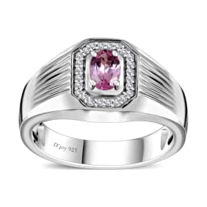Premium Narsipatnam Pink Spinel and White Zircon Men's Ring in Rhodium Over Sterling Silver (Size 10.0) 0.70 ctw