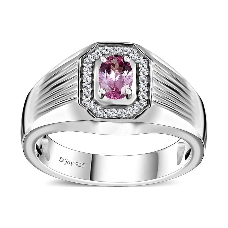 D'Joy Premium Narsipatnam Pink Spinel and White Zircon Men's Ring in Rhodium Over Sterling Silver (Size 10.0) 0.70 ctw