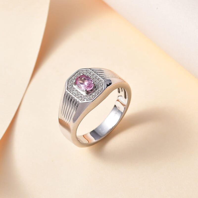 D'Joy Premium Narsipatnam Pink Spinel and White Zircon Men's Ring in Rhodium Over Sterling Silver (Size 10.0) 0.70 ctw
