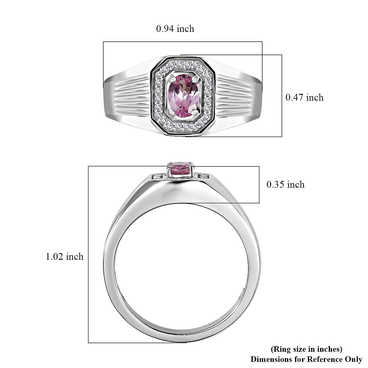 D'Joy Premium Narsipatnam Pink Spinel and White Zircon Men's Ring in Rhodium Over Sterling Silver (Size 10.0) 0.70 ctw