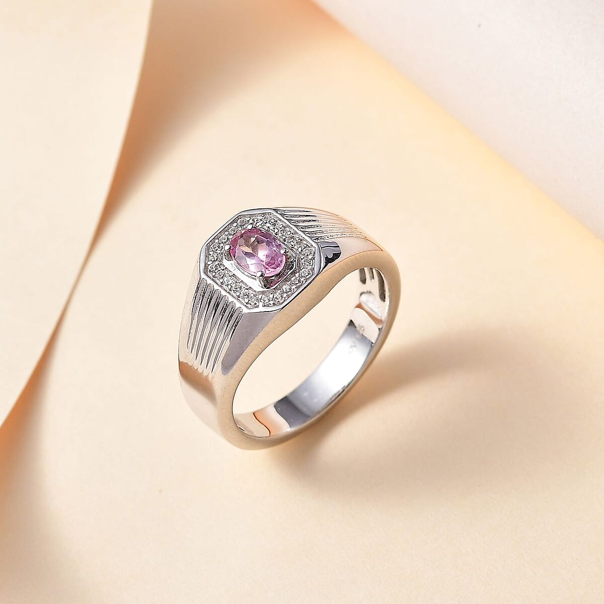 Premium Narsipatnam Pink Spinel and White Zircon Men's Ring in Rhodium Over Sterling Silver (Size 12.0) 0.70 ctw image number 1