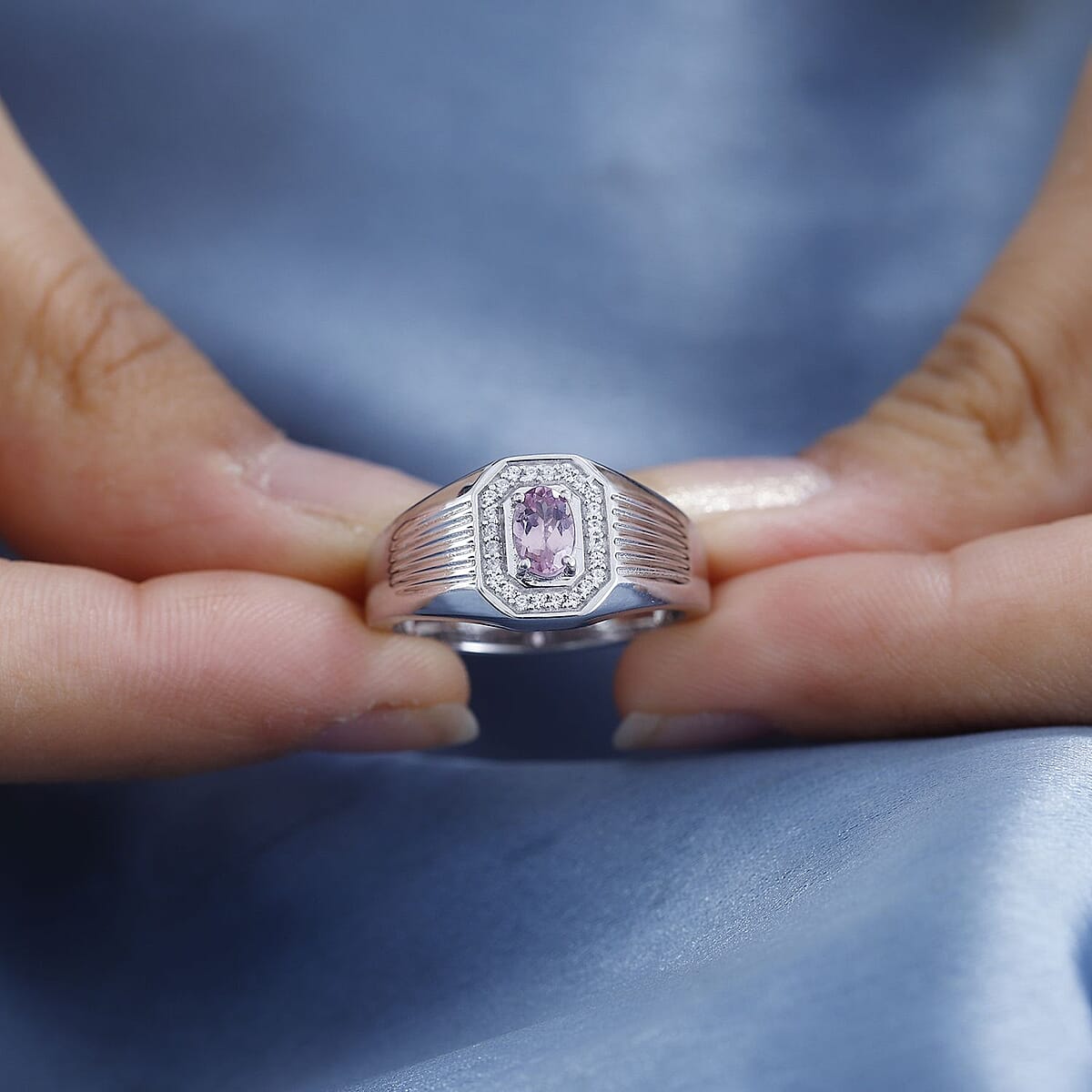 Premium Narsipatnam Pink Spinel and White Zircon Men's Ring in Rhodium Over Sterling Silver (Size 12.0) 0.70 ctw image number 2