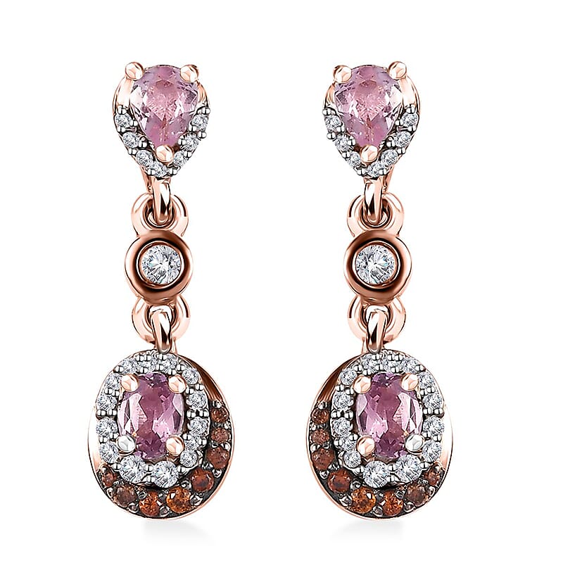 Premium Narsipatnam Pink Spinel, Brown and White Zircon Earrings in 18K Vermeil Rose Gold Over Sterling Silver 1.30 ctw