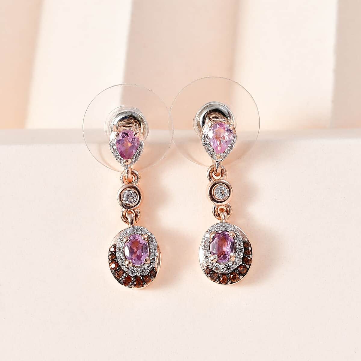 Premium Narsipatnam Pink Spinel, Brown and White Zircon Earrings in 18K Vermeil Rose Gold Over Sterling Silver 1.30 ctw image number 1