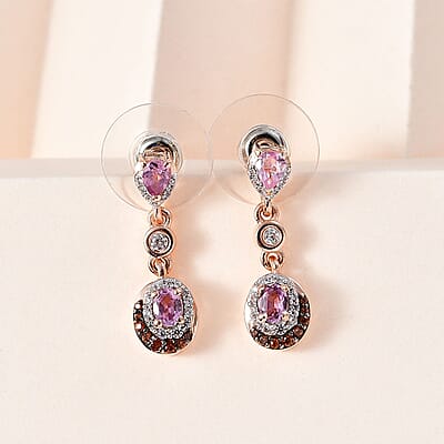 Premium Narsipatnam Pink Spinel, Brown and White Zircon Earrings in 18K Vermeil Rose Gold Over Sterling Silver 1.30 ctw