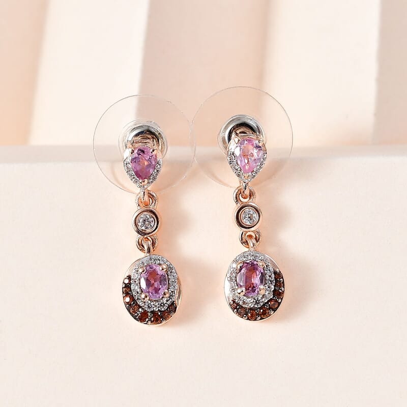 Premium Narsipatnam Pink Spinel, Brown and White Zircon Earrings in 18K Vermeil Rose Gold Over Sterling Silver 1.30 ctw