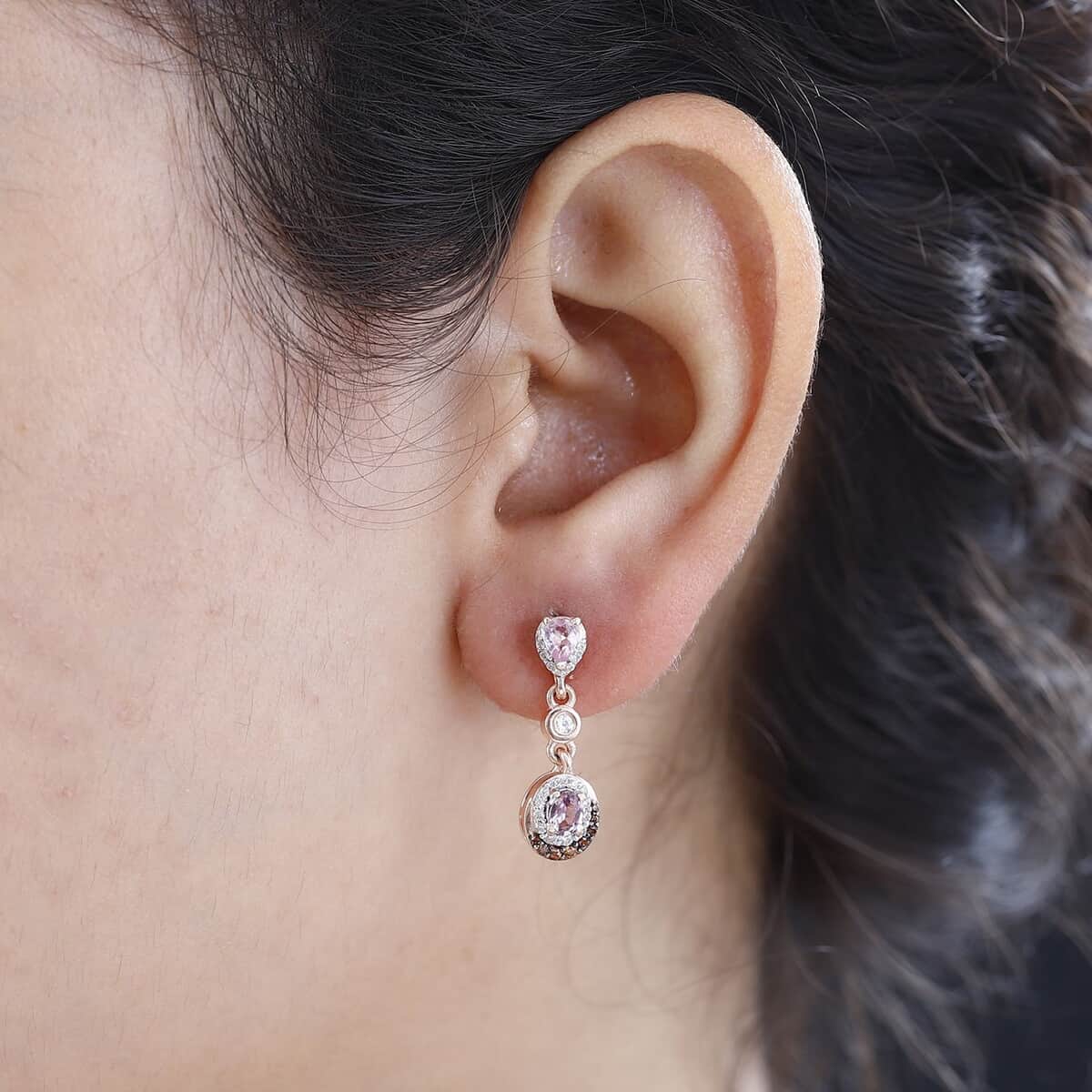 Premium Narsipatnam Pink Spinel, Brown and White Zircon Earrings in 18K Vermeil Rose Gold Over Sterling Silver 1.30 ctw image number 2