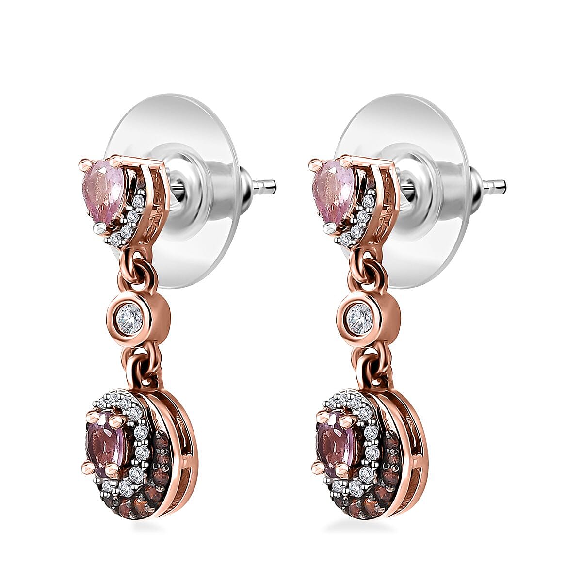 Premium Narsipatnam Pink Spinel, Brown and White Zircon Earrings in 18K Vermeil Rose Gold Over Sterling Silver 1.30 ctw