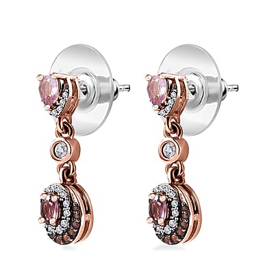 Premium Narsipatnam Pink Spinel, Brown and White Zircon Earrings in 18K Vermeil Rose Gold Over Sterling Silver 1.30 ctw