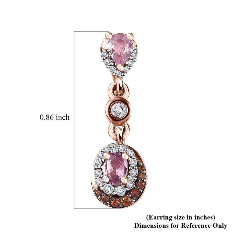 Premium Narsipatnam Pink Spinel, Brown and White Zircon Earrings in 18K Vermeil Rose Gold Over Sterling Silver 1.30 ctw
