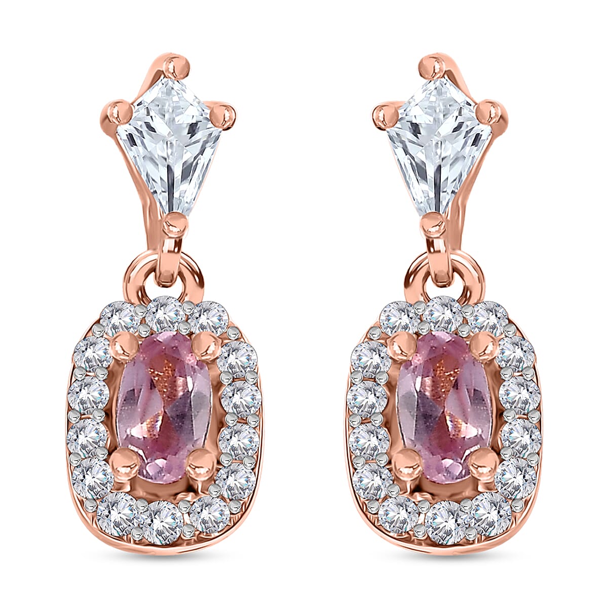 Narsipatnam Pink Spinel and White Zircon Dangling Earrings in 18K Vermeil Rose Gold Over Sterling Silver 1.15 ctw