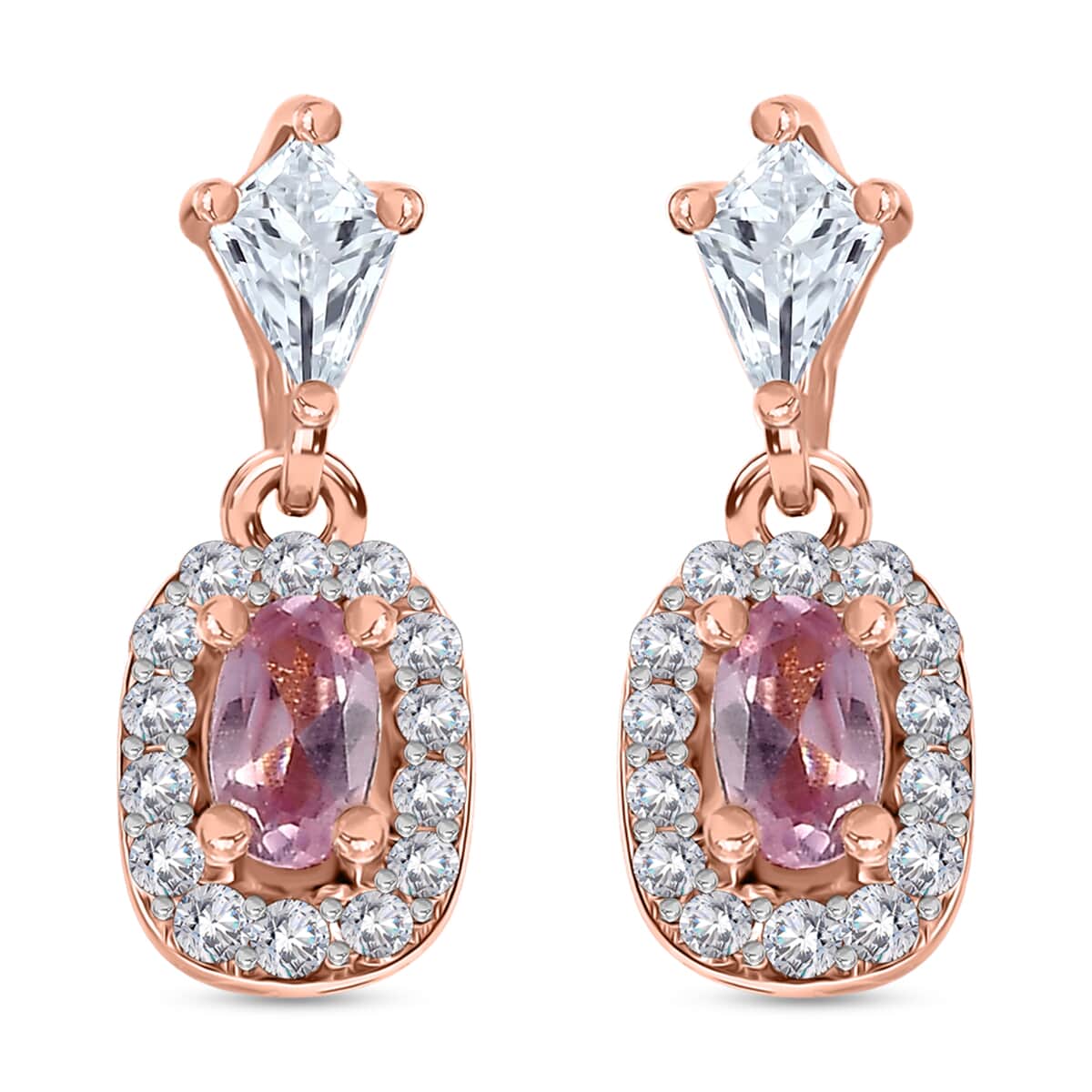 Narsipatnam Pink Spinel and White Zircon Dangling Earrings in 18K Vermeil Rose Gold Over Sterling Silver 1.15 ctw image number 0