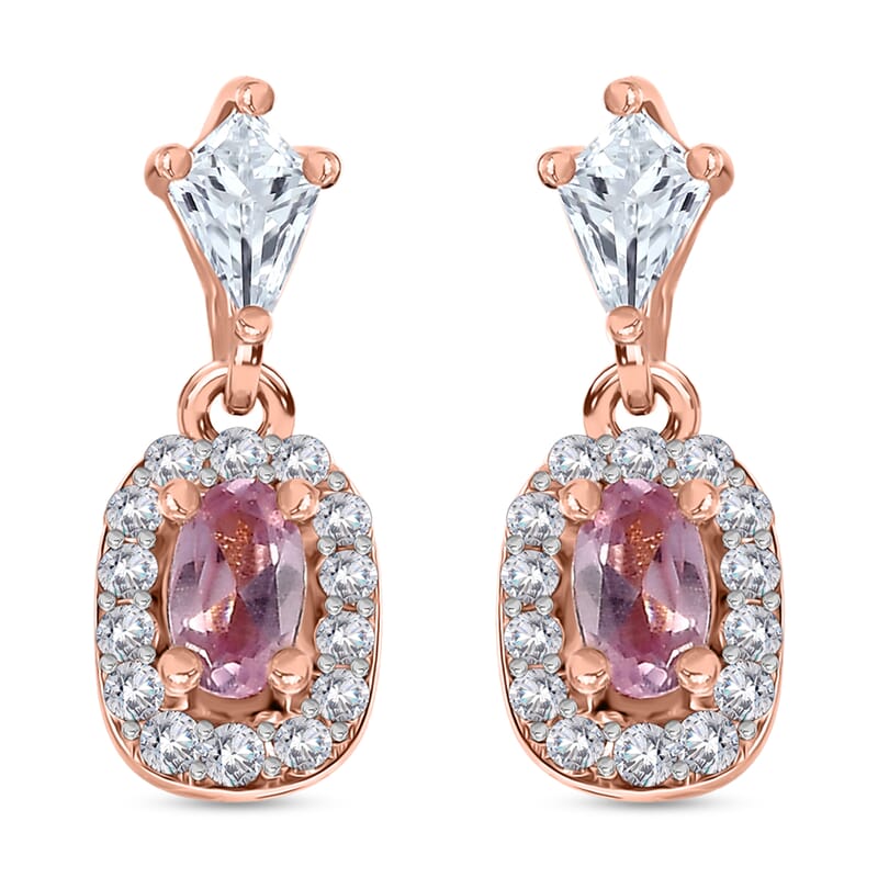 Narsipatnam Pink Spinel and White Zircon Dangling Earrings in 18K Vermeil Rose Gold Over Sterling Silver 1.15 ctw