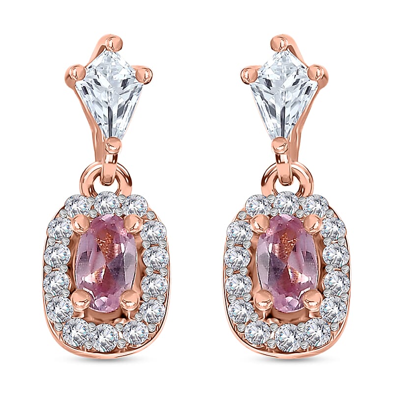 Narsipatnam Pink Spinel and White Zircon Dangling Earrings in 18K Vermeil Rose Gold Over Sterling Silver 1.15 ctw
