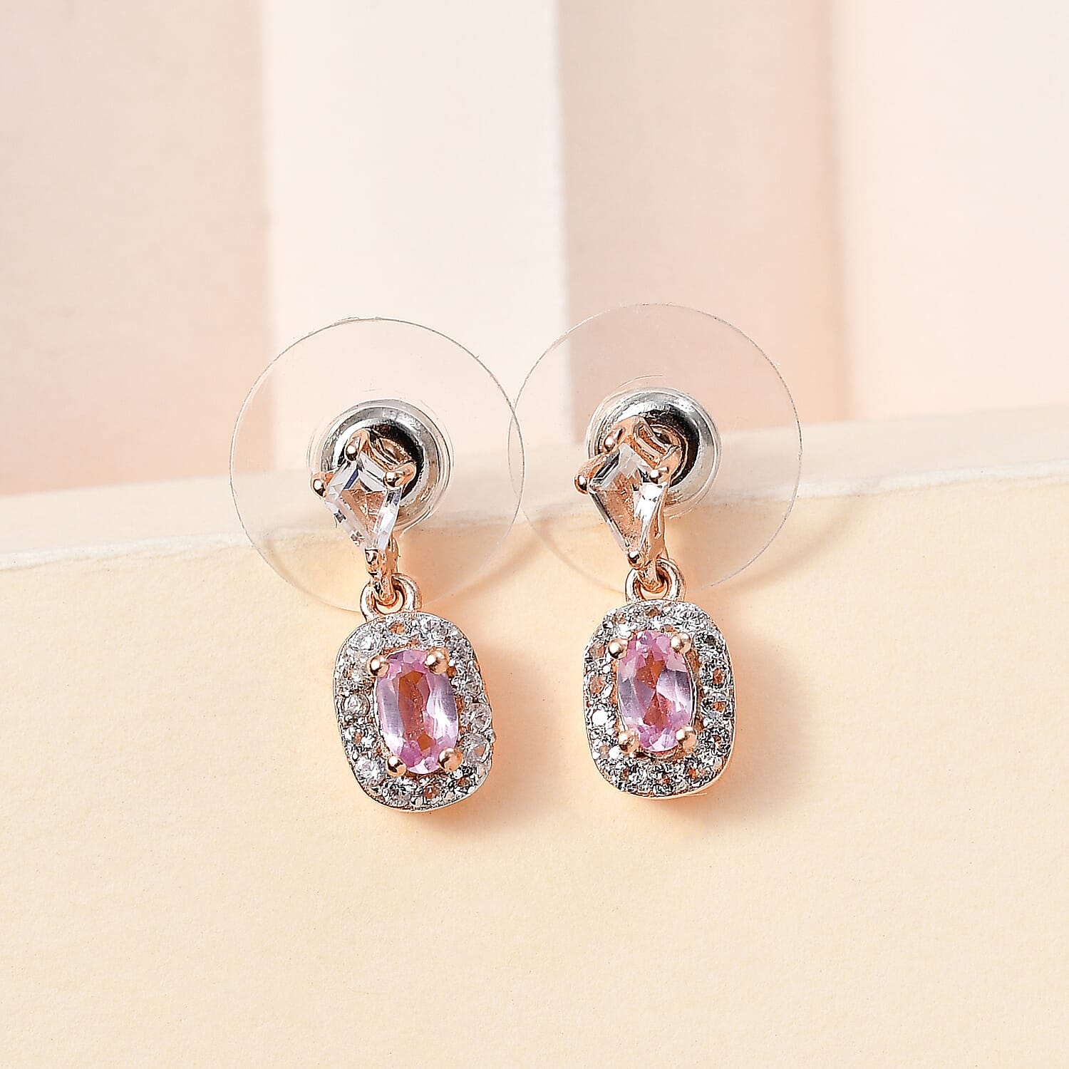 Narsipatnam Pink Spinel and White Zircon Dangling Earrings in 18K Vermeil Rose Gold Over Sterling Silver 1.15 ctw