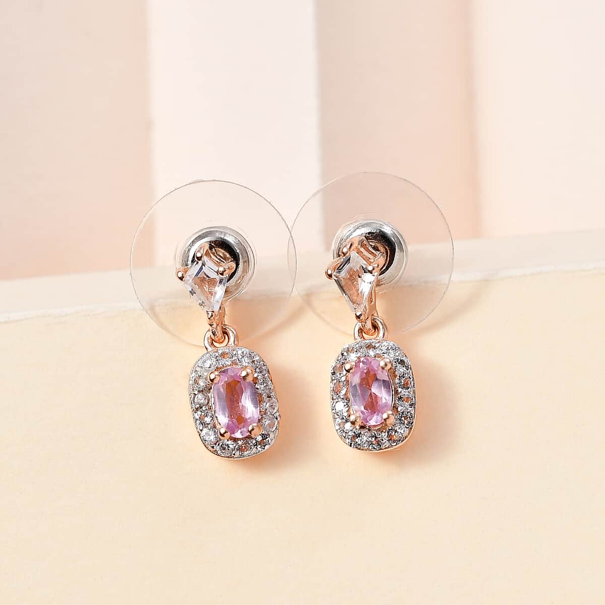 Narsipatnam Pink Spinel and White Zircon Dangling Earrings in 18K Vermeil Rose Gold Over Sterling Silver 1.15 ctw image number 1