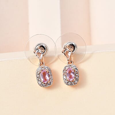 Narsipatnam Pink Spinel and White Zircon Dangling Earrings in 18K Vermeil Rose Gold Over Sterling Silver 1.15 ctw