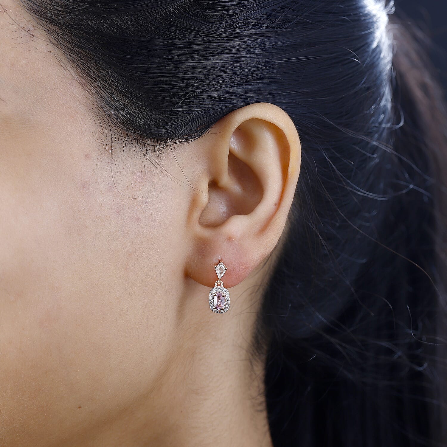 Narsipatnam Pink Spinel and White Zircon Dangling Earrings in 18K Vermeil Rose Gold Over Sterling Silver 1.15 ctw