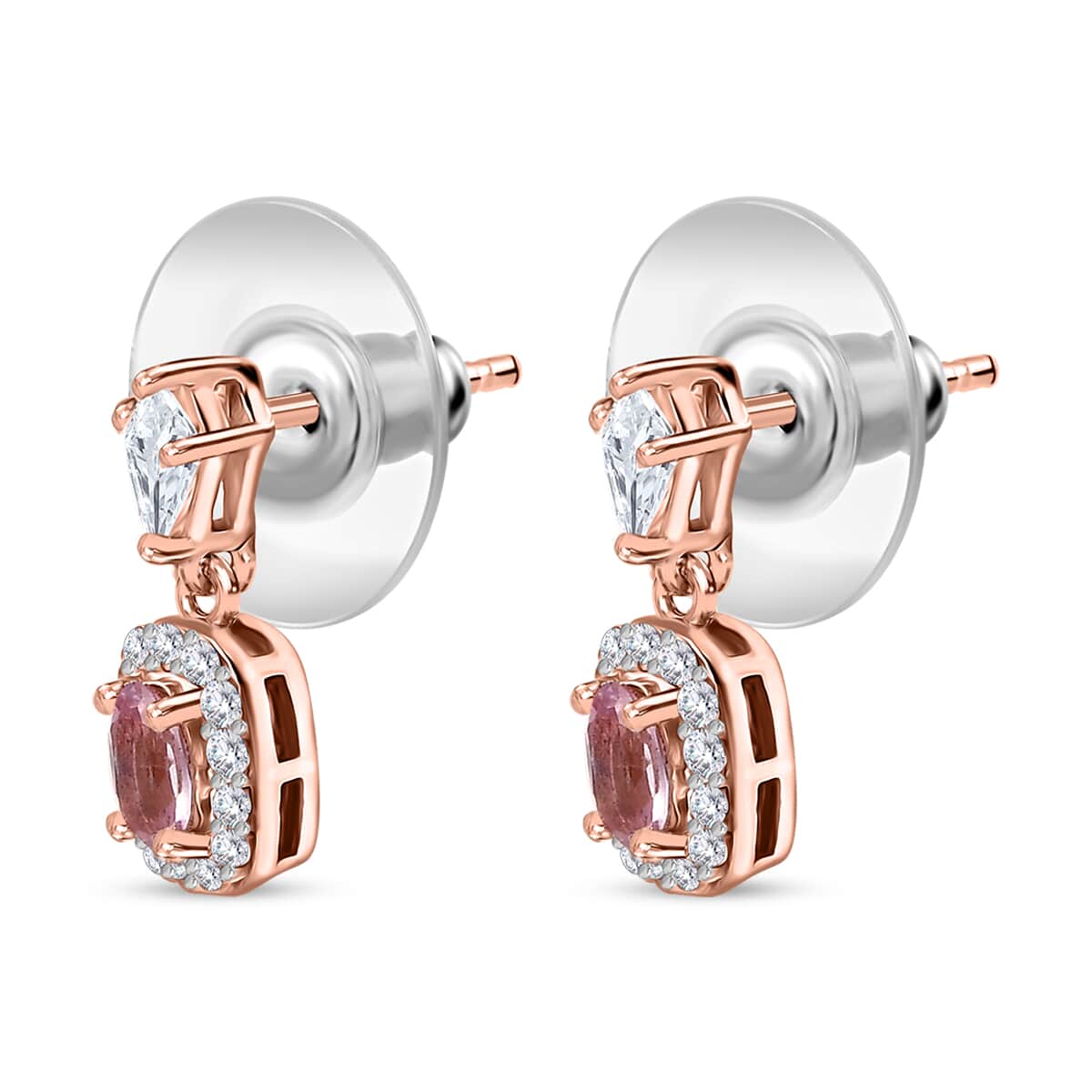 Narsipatnam Pink Spinel and White Zircon Dangling Earrings in 18K Vermeil Rose Gold Over Sterling Silver 1.15 ctw image number 3