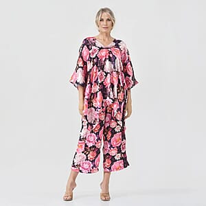 Tamsy Back and Pink Floral Printed Kaftan And Trousers Size - One Size Missy