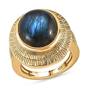 AAA Labradorite 11.00 ctw Solitaire Ring in 18K Vermeil Yellow Gold Over Sterling Silver (Size 6.5) (6 g)