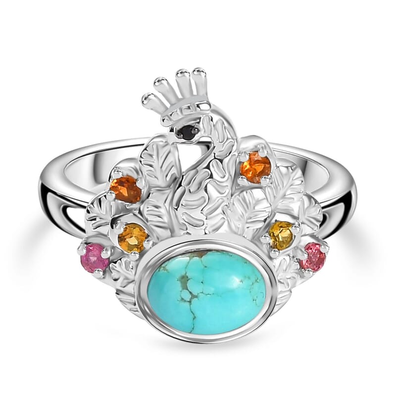 Sierra Nevada Turquoise and Multi Gemstone Ring in Rhodium Over Sterling Silver (Size 19.0) 1.60 ctw
