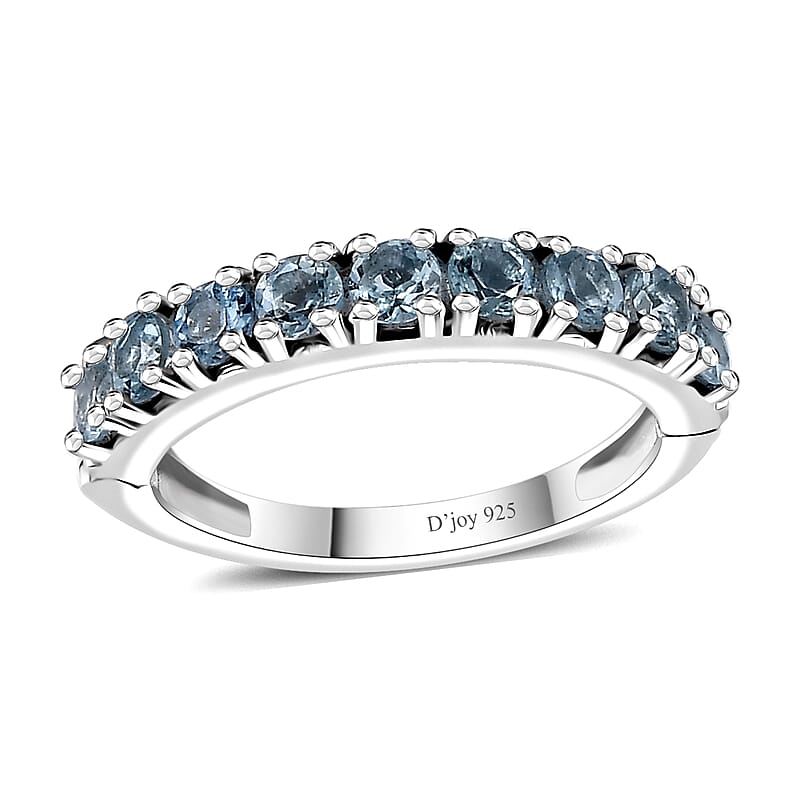 D'Joy Santa Maria Aquamarine Half Eternity Band Ring in Rhodium Over Sterling Silver (Size 10.0) 1.00 ctw