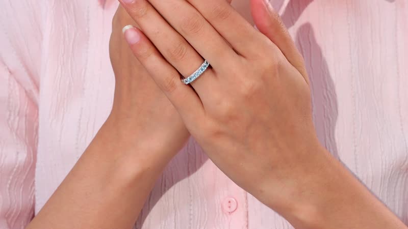 Santa Maria Aquamarine Eternity Band Ring in Rhodium Over Sterling Silver (Size 10.0) 1.00 ctw