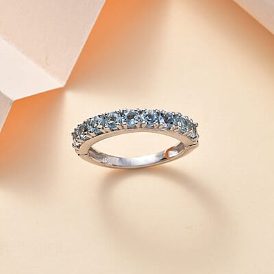 D'Joy Santa Maria Aquamarine Half Eternity Band Ring in Rhodium Over Sterling Silver (Size 10.0) 1.00 ctw