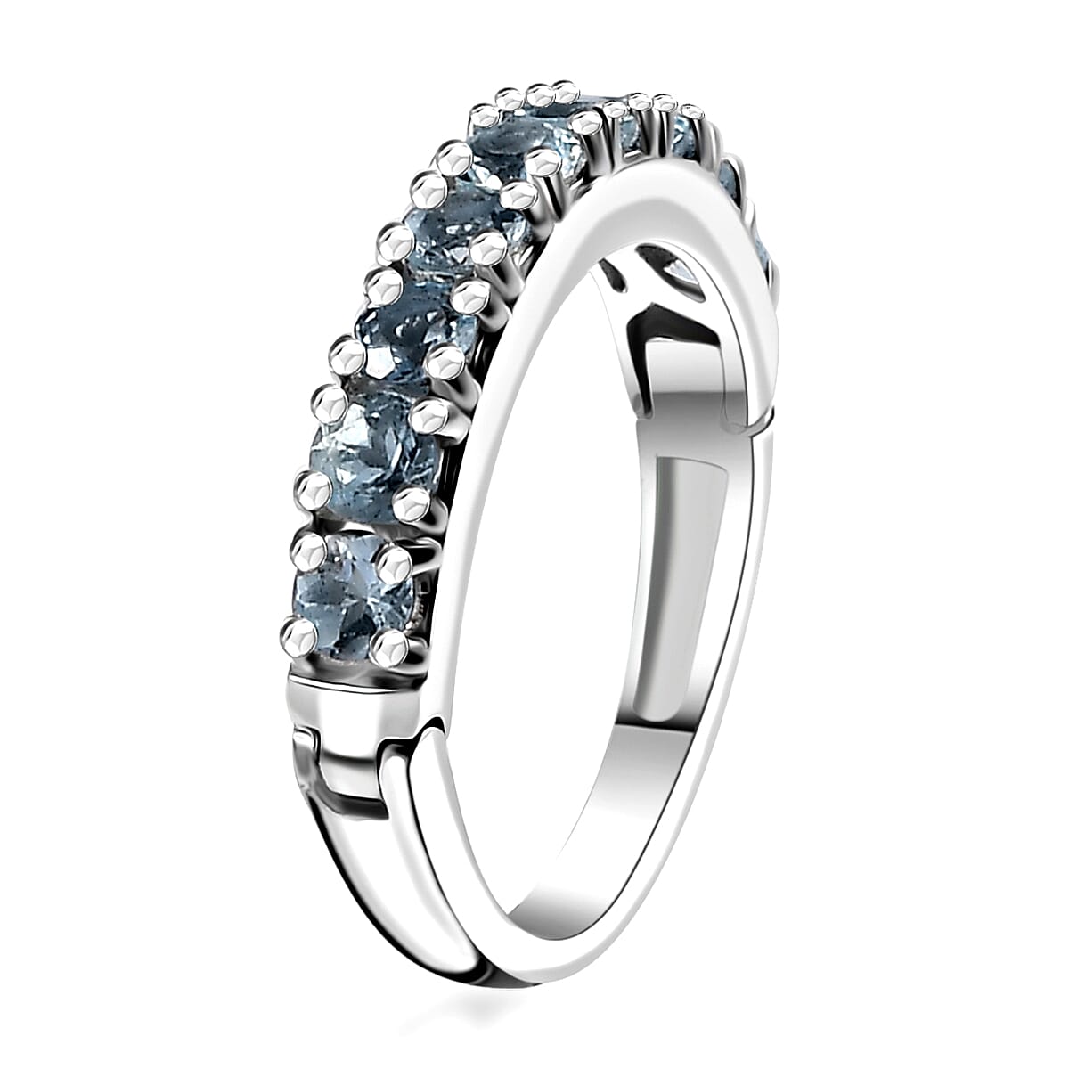 D'Joy Santa Maria Aquamarine Half Eternity Band Ring in Rhodium Over Sterling Silver (Size 10.0) 1.00 ctw