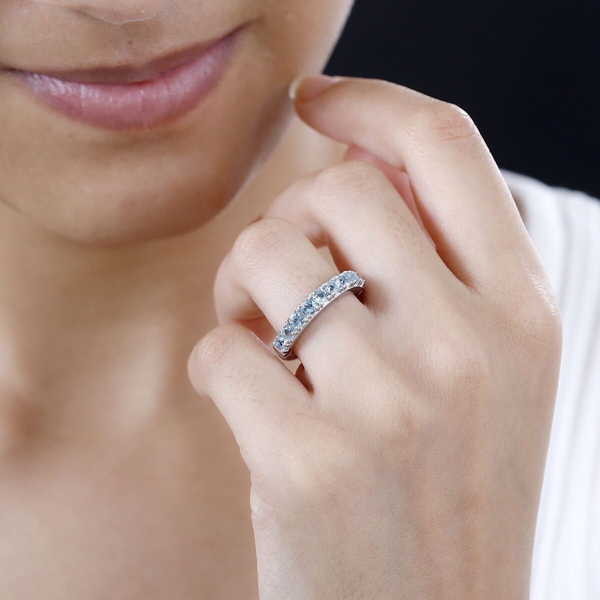 Santa Maria Aquamarine Half Eternity Band Ring in Rhodium Over Sterling Silver (Size 7.0) 1.00 ctw image number 2
