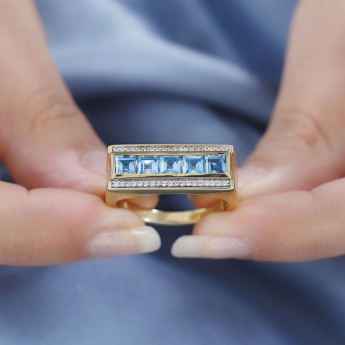 Swiss Blue Topaz and White Zircon Men's Ring in Vermeil Yellow Gold Over Sterling Silver (Size 12.0) 2.50 ctw image number 2