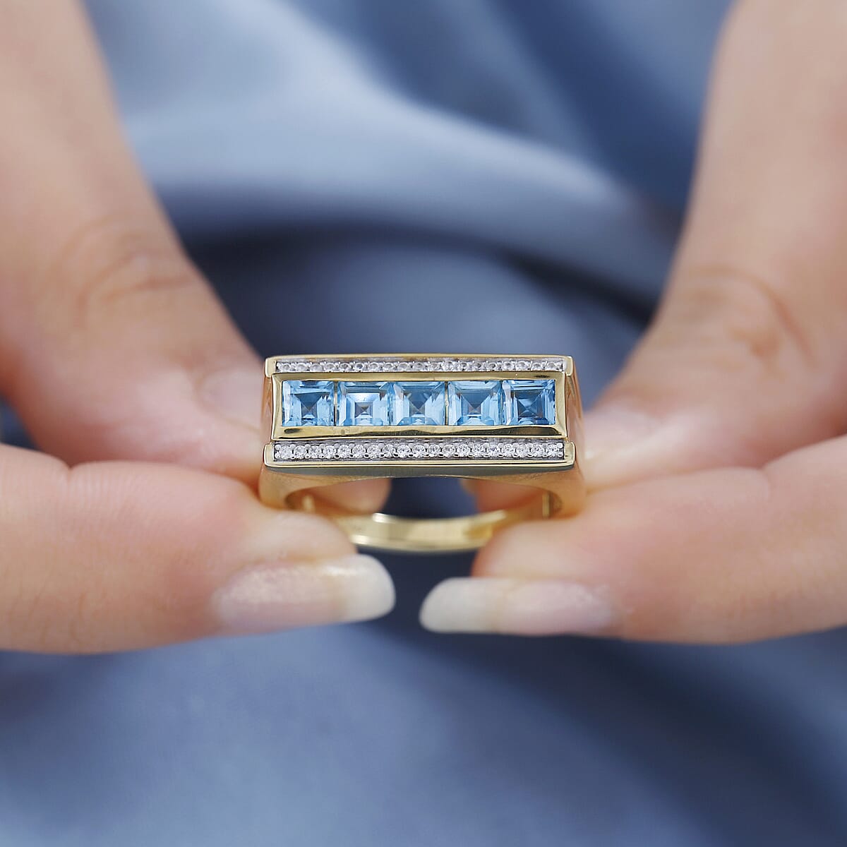 Swiss Blue Topaz and White Zircon Men's Ring in Vermeil Yellow Gold Over Sterling Silver (Size 9.0) 2.50 ctw image number 2