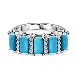 Sleeping Beauty Turquoise and White Zircon 2.31 ctw Band Ring in Rhodium Over Sterling Silver (Size 5.5)