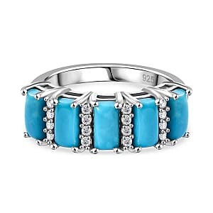 Sleeping Beauty Turquoise and White Zircon 2.32 ctw Band Ring in Rhodium Over Sterling Silver (Size 6.5)