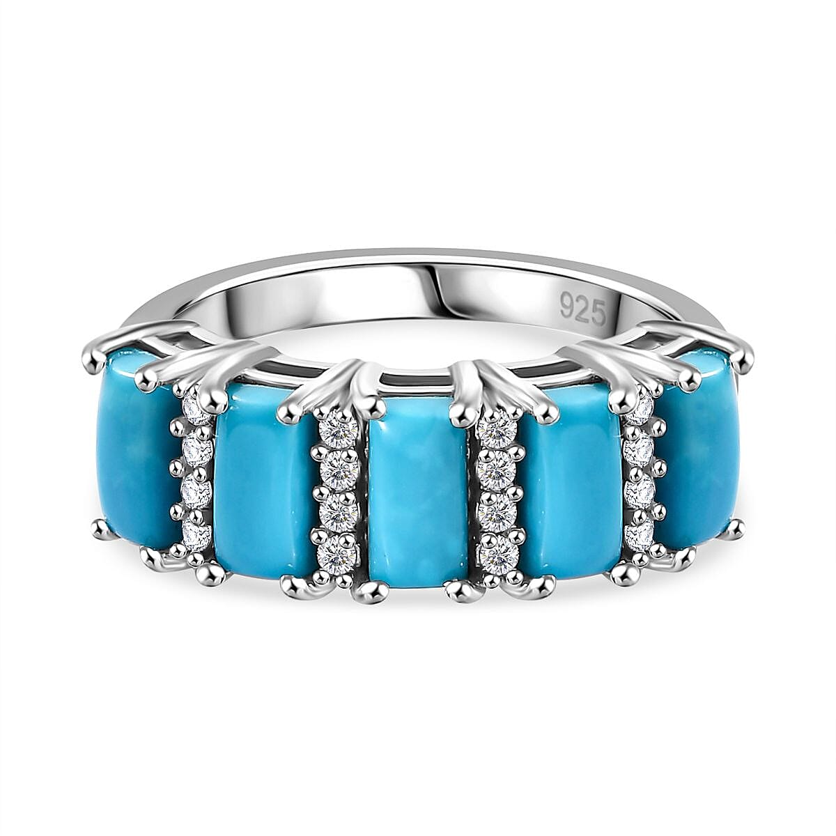 Sleeping Beauty Turquoise and White Zircon 2.31 ctw Band Ring in Rhodium Over Sterling Silver (Size 10)