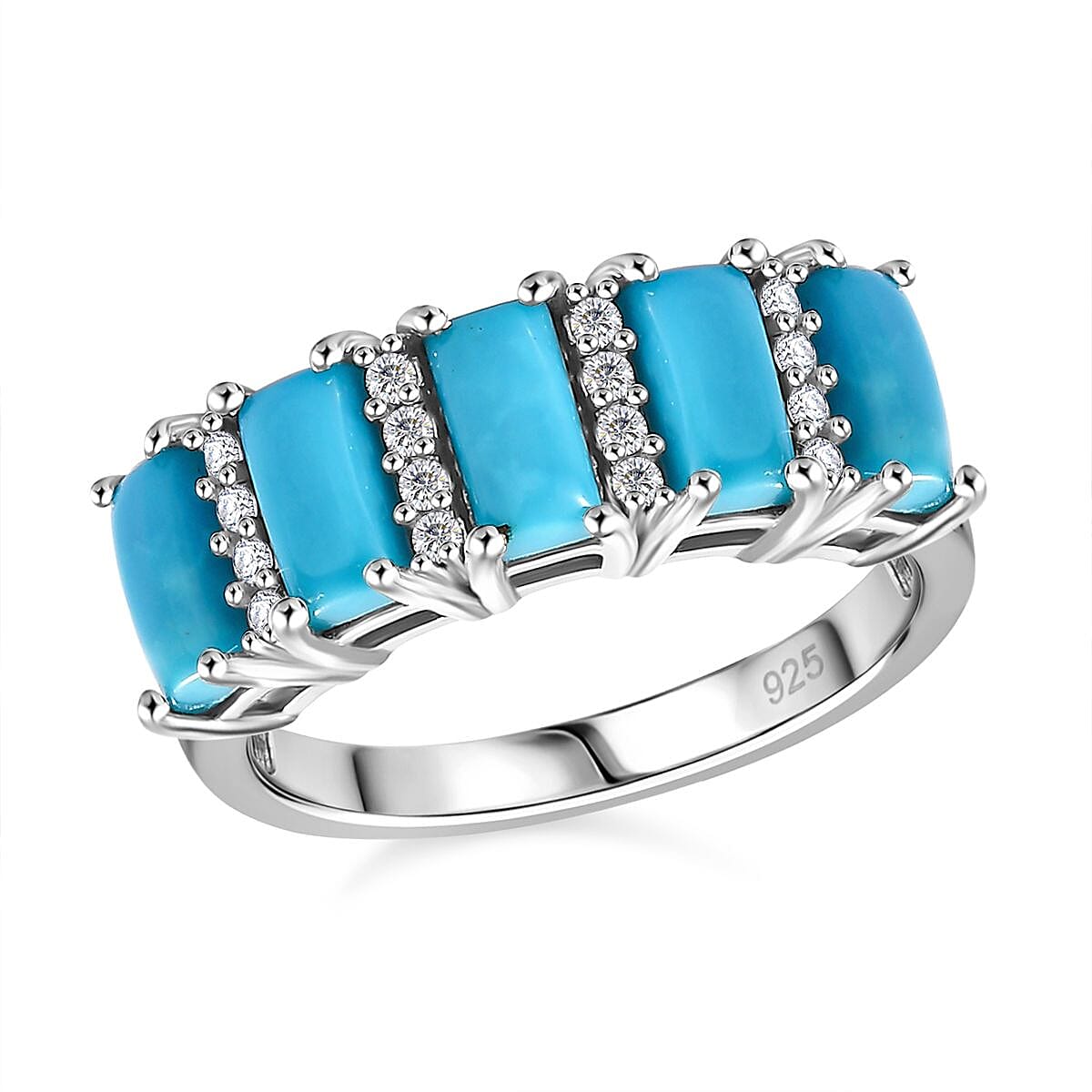 Sleeping Beauty Turquoise and White Zircon 2.31 ctw Band Ring in Rhodium Over Sterling Silver (Size 10)