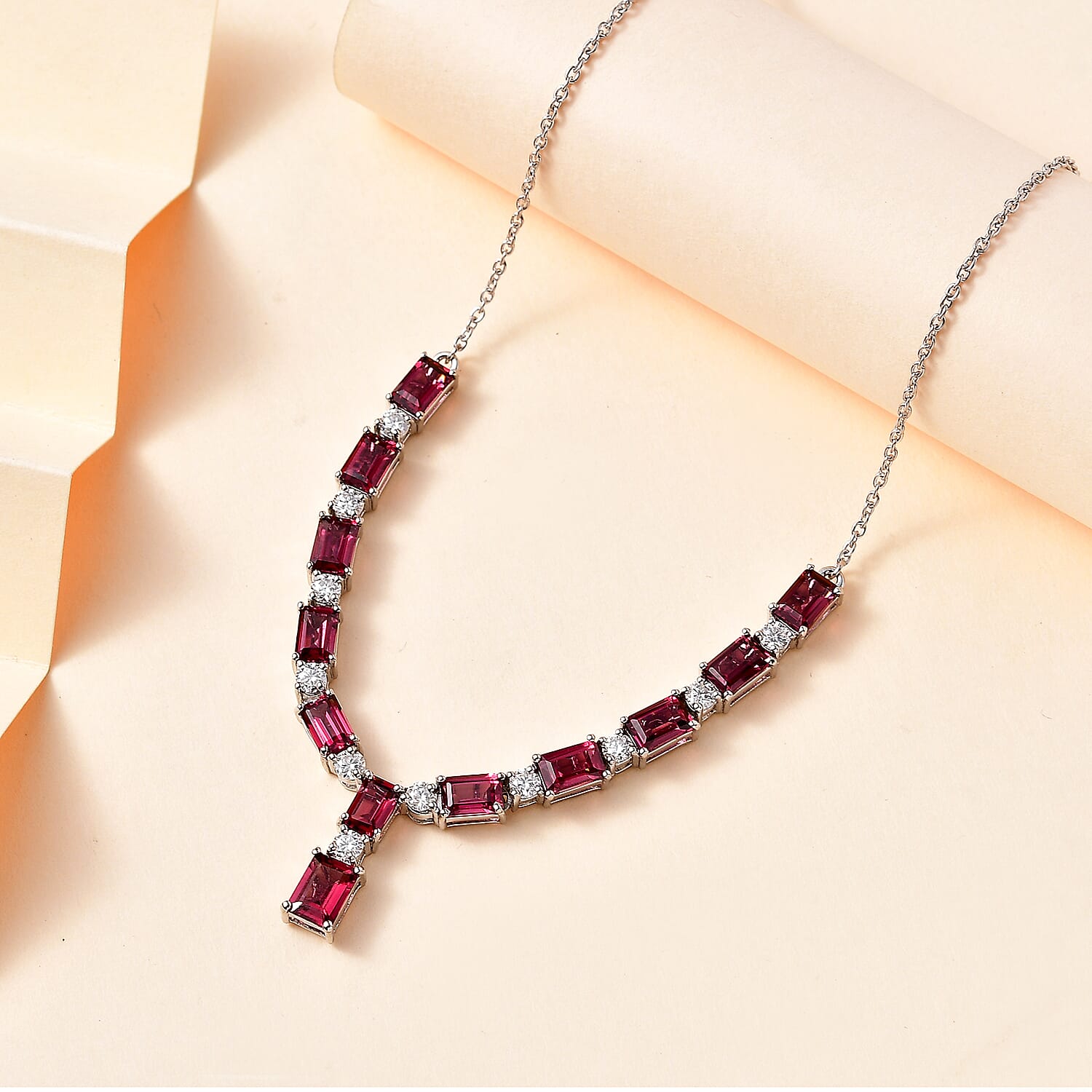 D'Joy Tanzanian Wine Garnet and Moissanite Necklace 18-20 Inches in Platinum Over Sterling Silver 10.80 ctw