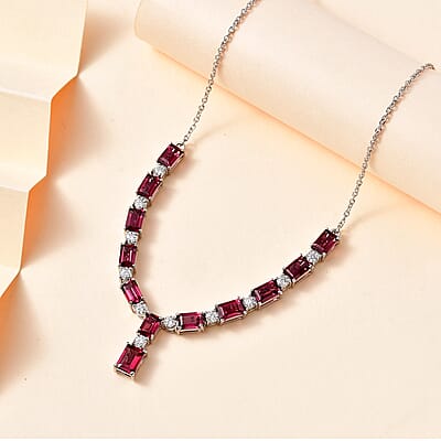 D'Joy Tanzanian Wine Garnet and Moissanite Necklace 18-20 Inches in Platinum Over Sterling Silver 10.80 ctw