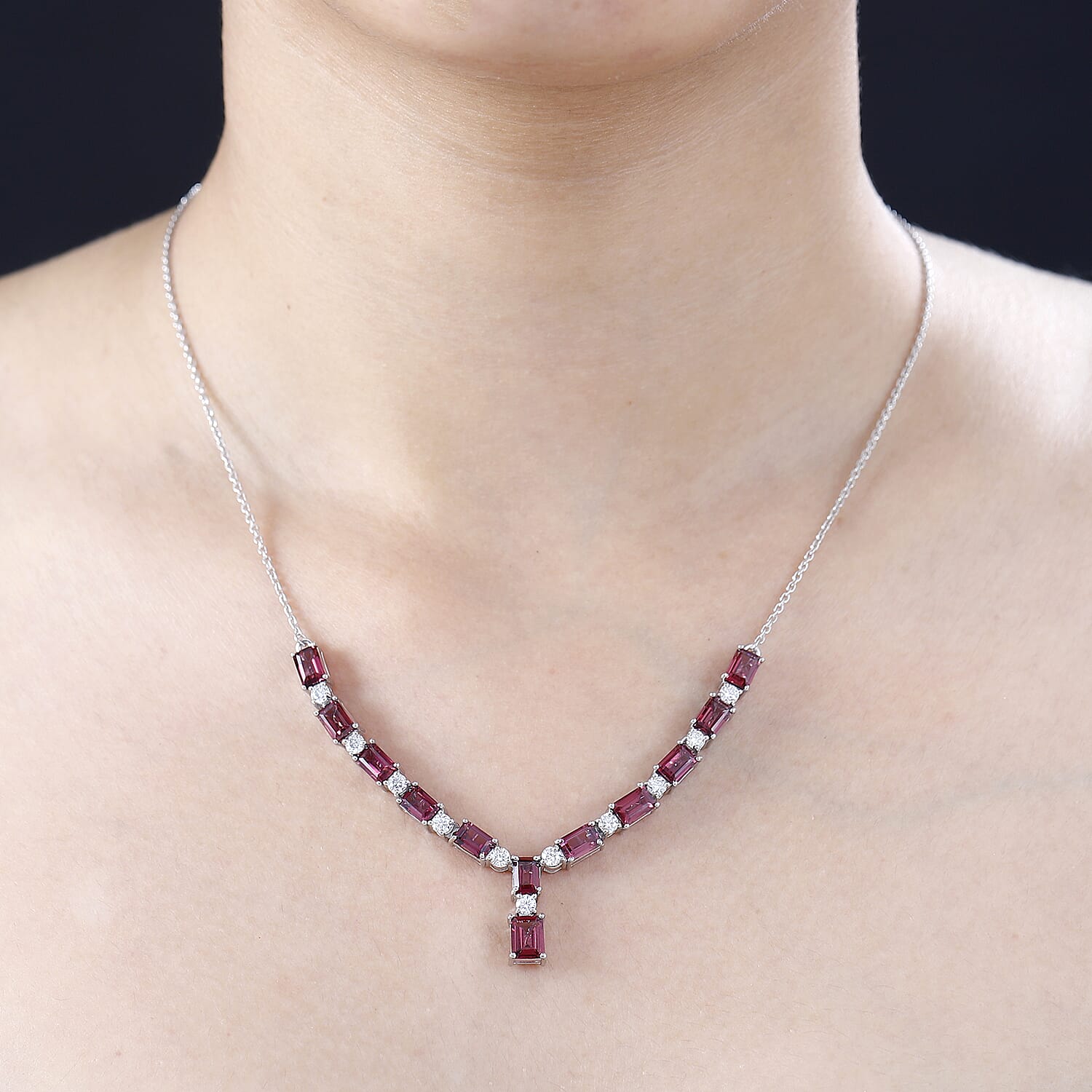 D'Joy Tanzanian Wine Garnet and Moissanite Necklace 18-20 Inches in Platinum Over Sterling Silver 10.80 ctw