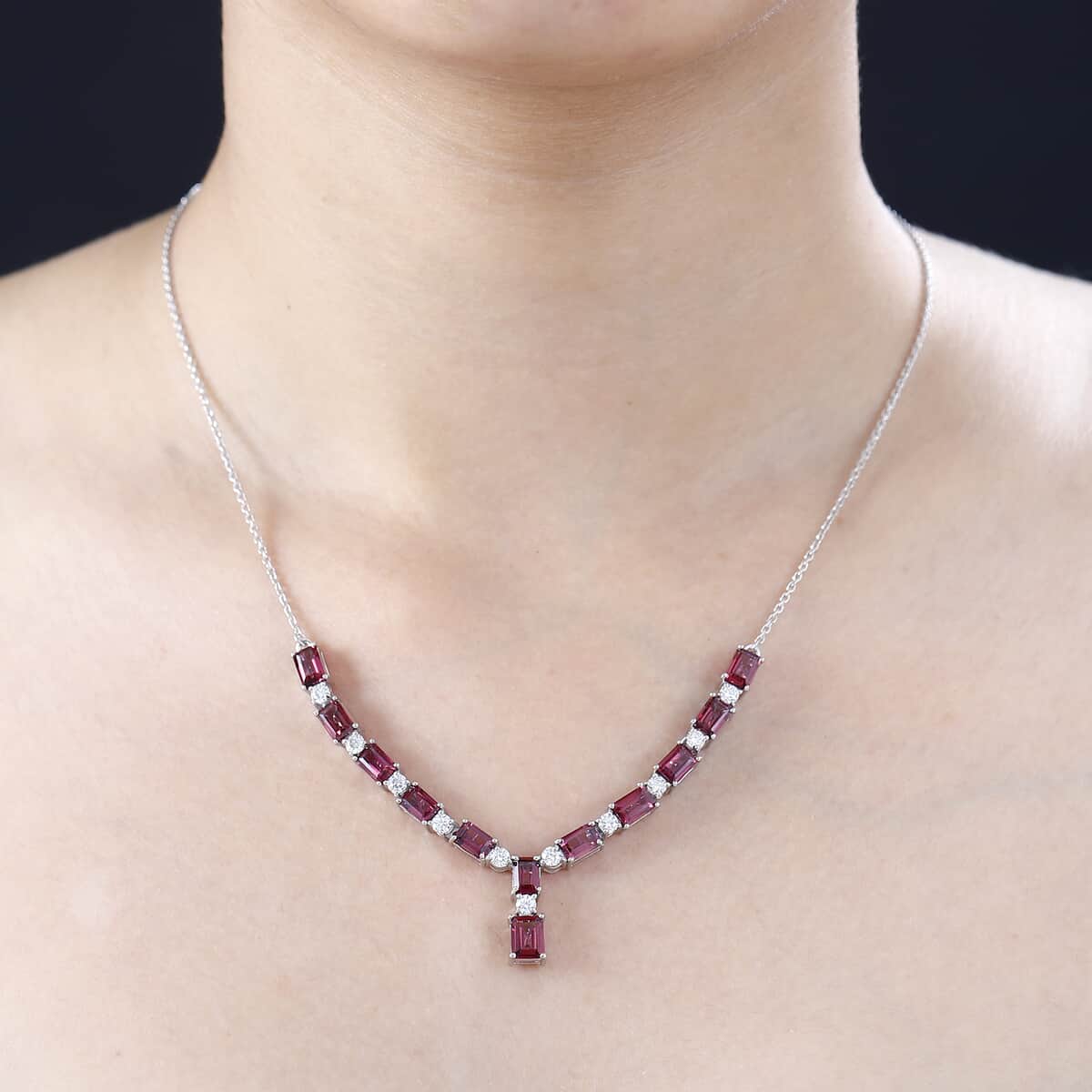 Tanzanian Wine Garnet and Moissanite Necklace 18-20 Inches in Platinum Over Sterling Silver 10.80 ctw image number 2